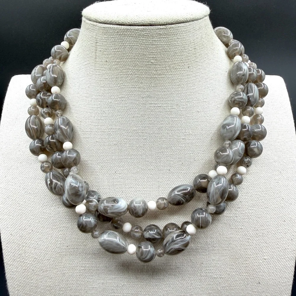 Gray Marbled Beaded Multi Strand Statement Necklace White Accent Beads Chunky